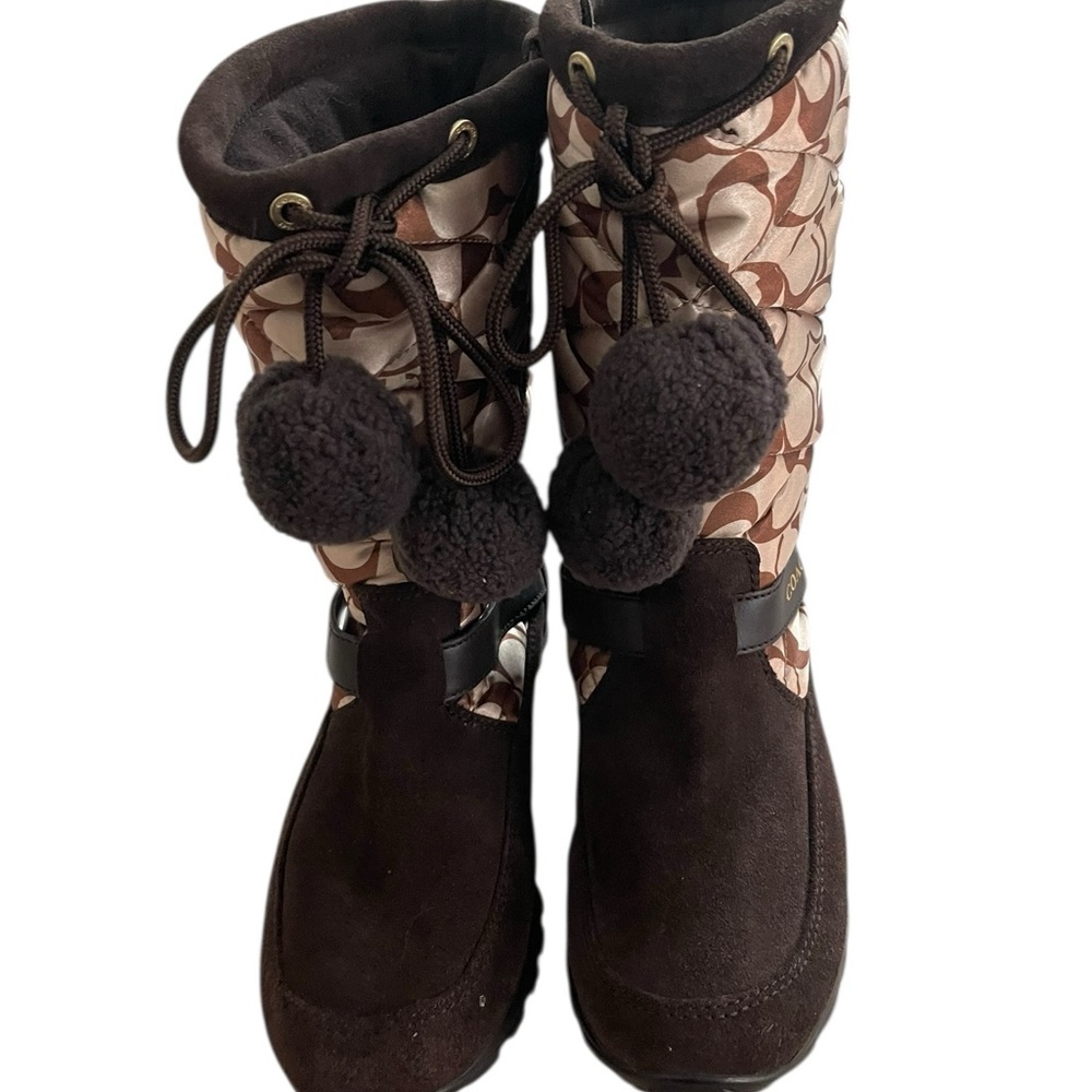 Coach Juniper Women’s Brown Patterned Winter Boots with Pom-Pom Tie Size 8